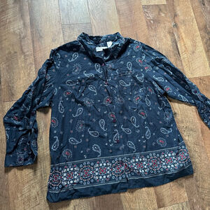 Women's First Issue Black Paisley Button Down Shirt Plus Size 22W
